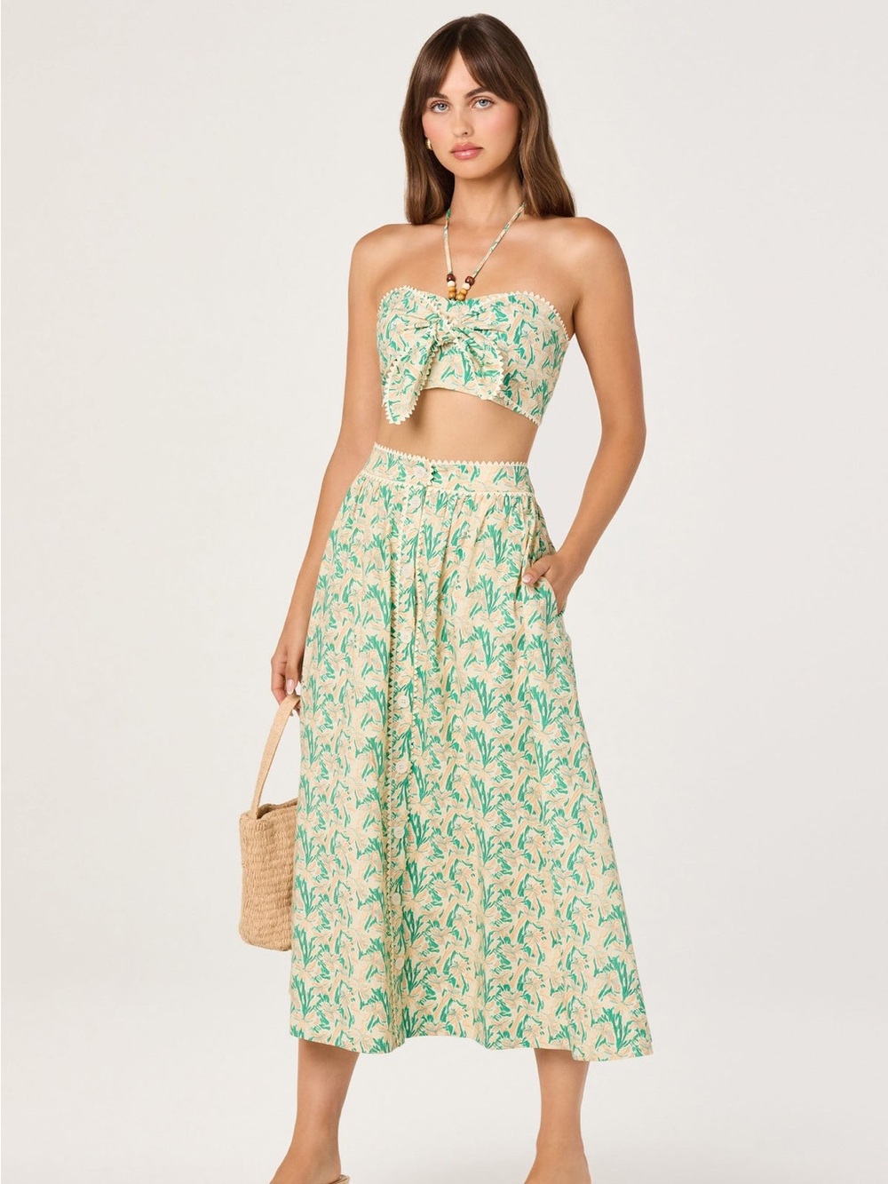 ASTR The Label Kehlani Bandeau Halter Top S & Keesha Floral Midi Skirt M Set NWT
